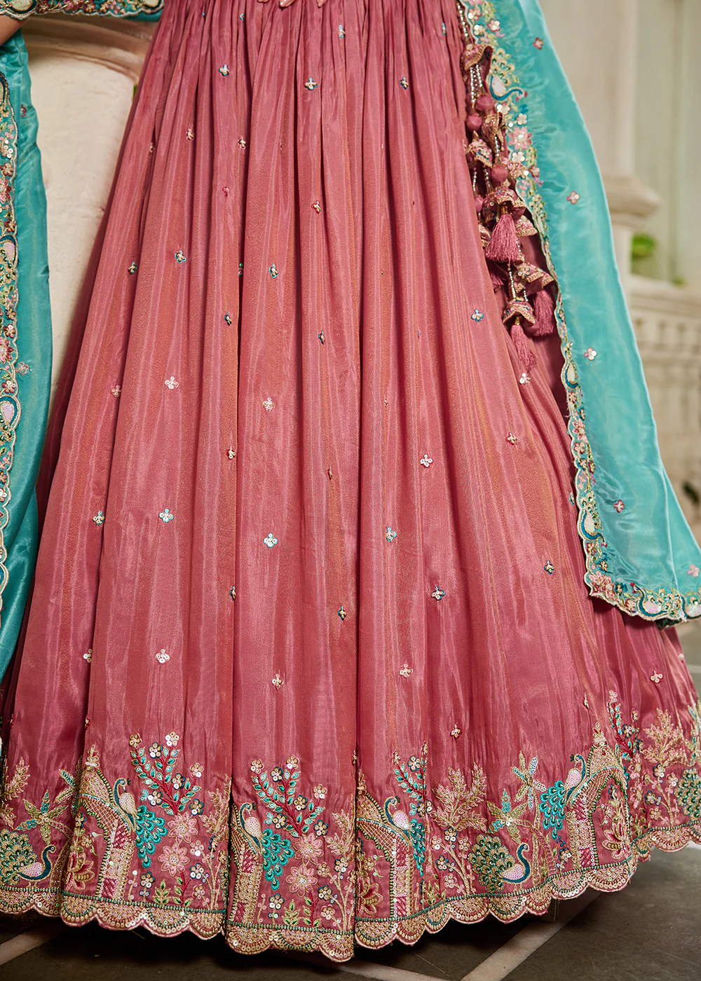 Satin Embroidered Pink Wedding Festive Lehenga Choli - Image 7