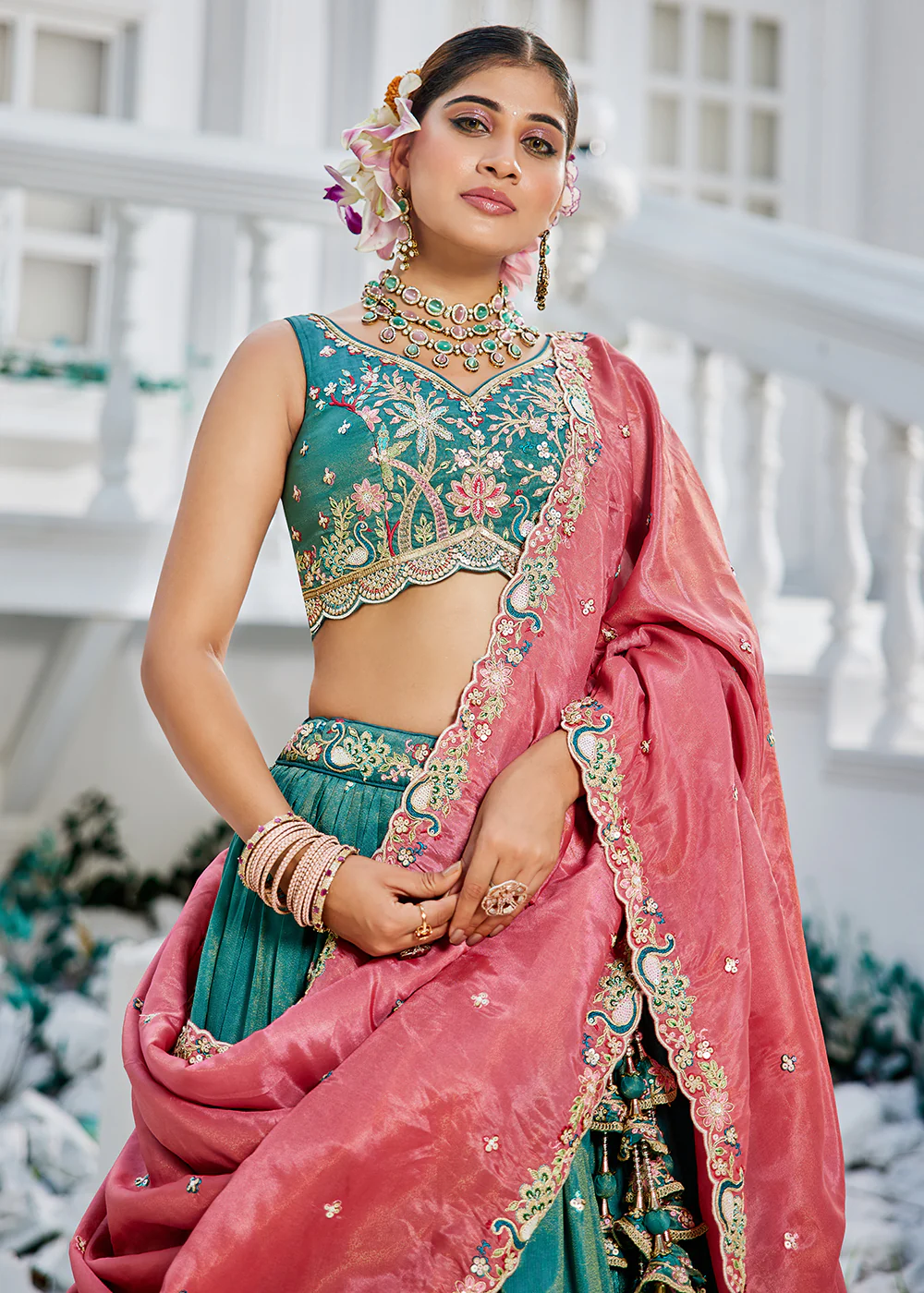 Satin Embroidered Sea Green Wedding Festive Lehenga Choli - Image 2
