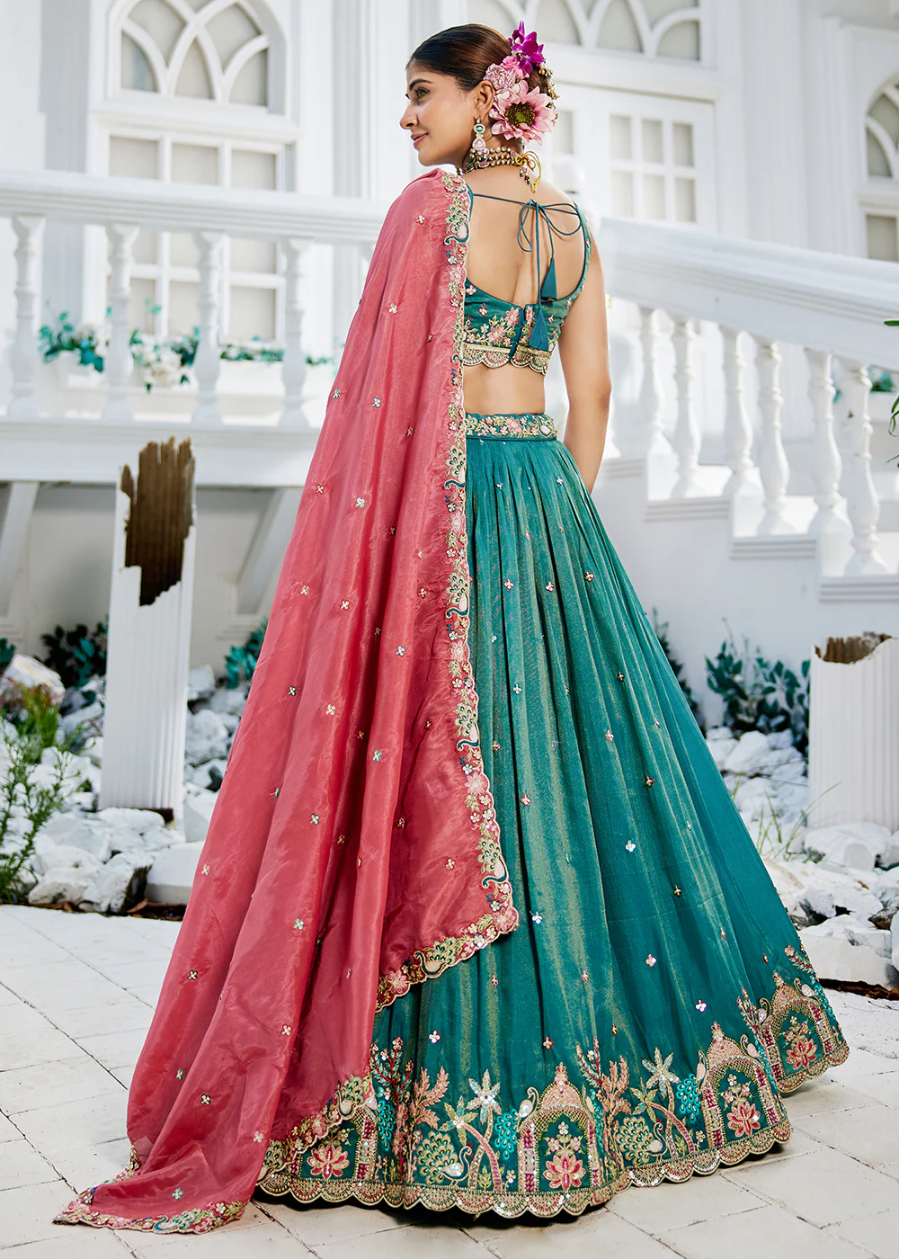 Satin Embroidered Sea Green Wedding Festive Lehenga Choli - Image 3