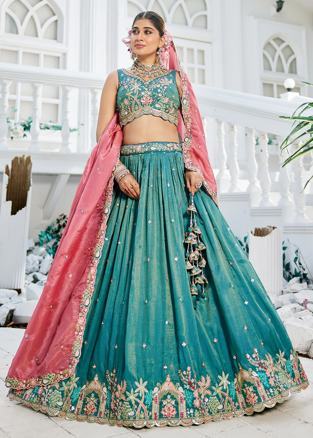 Satin Embroidered Sea Green Wedding Festive Lehenga Choli - Image 4