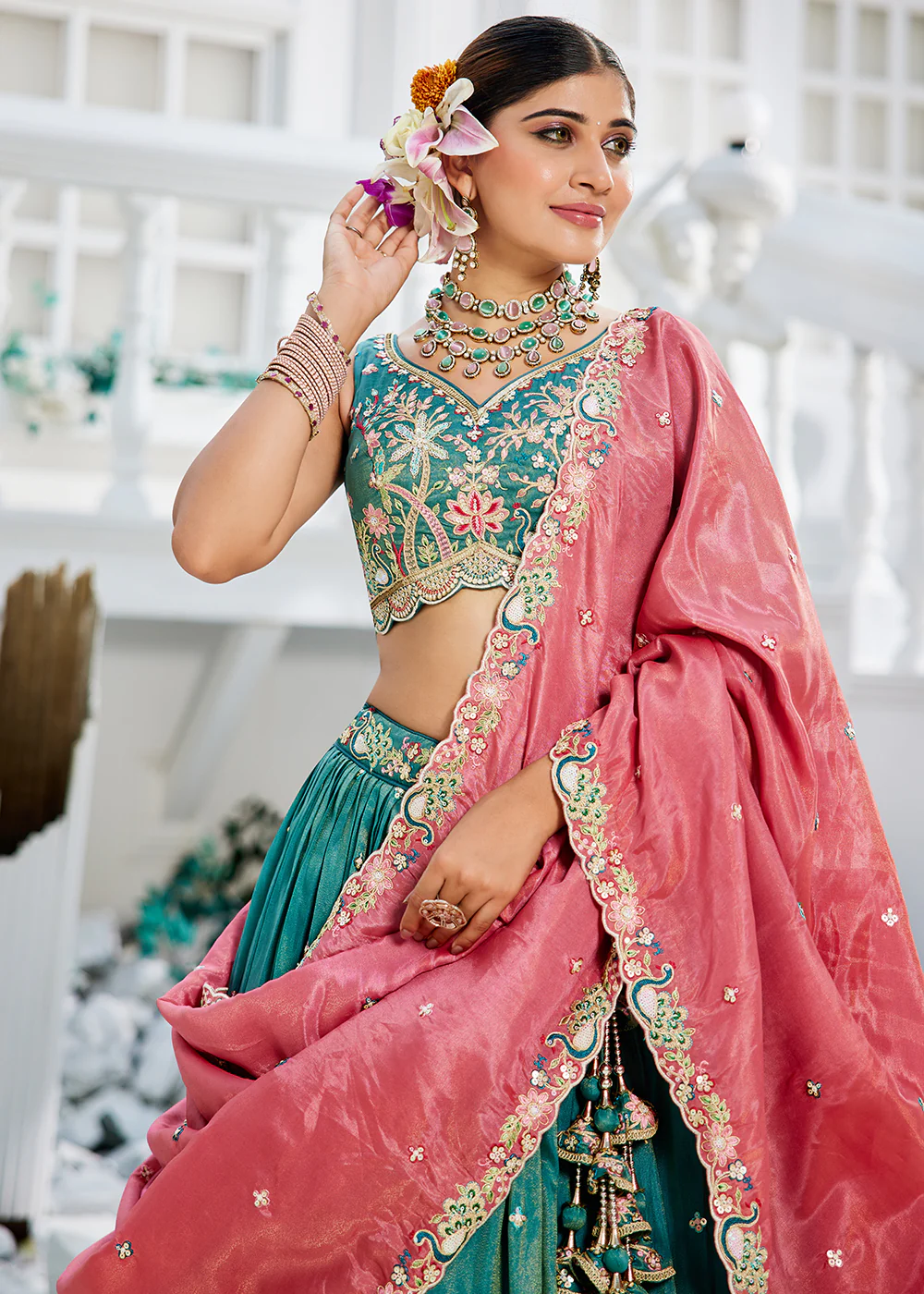 Satin Embroidered Sea Green Wedding Festive Lehenga Choli - Image 5