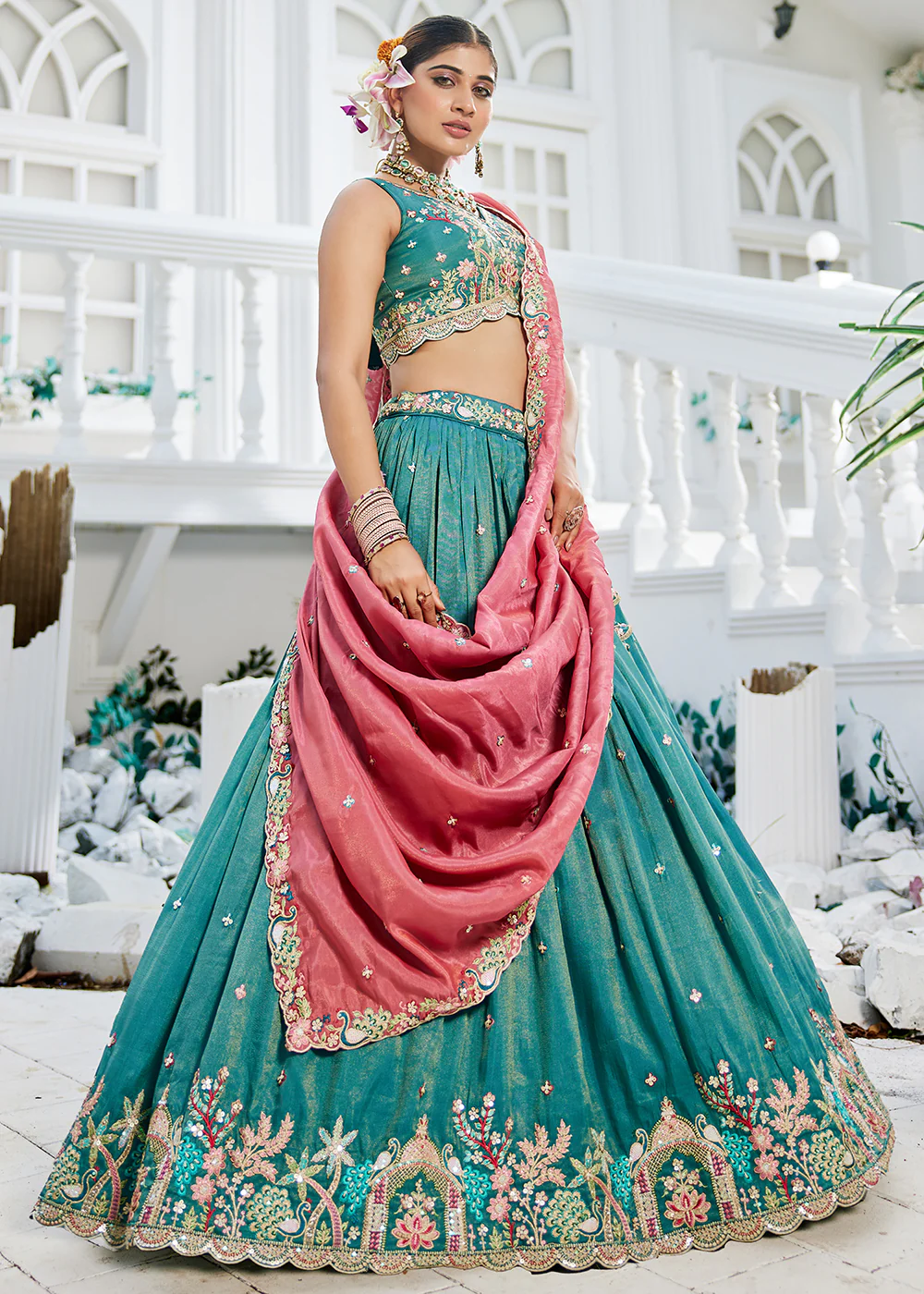 Satin Embroidered Sea Green Wedding Festive Lehenga Choli - Image 6