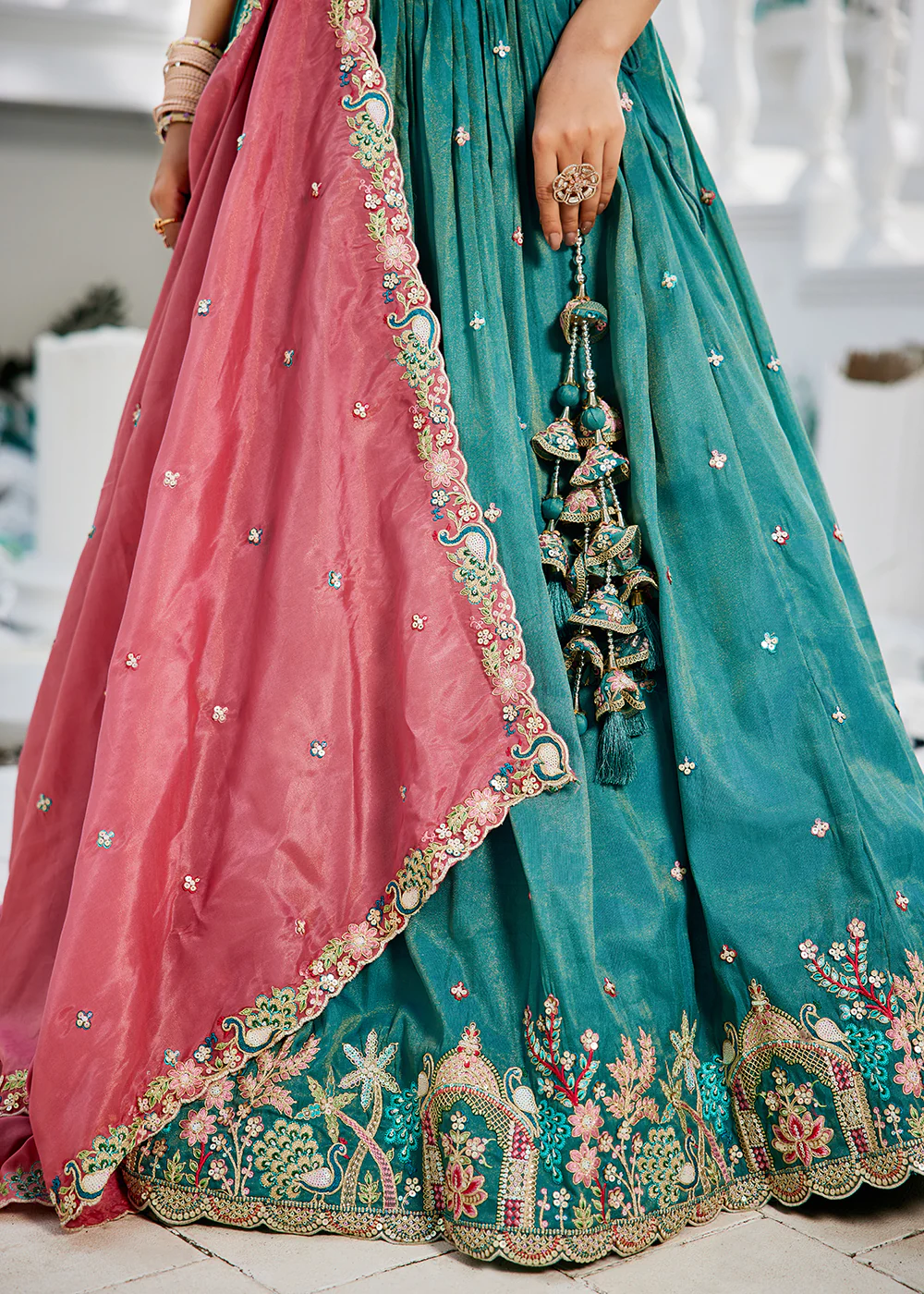 Satin Embroidered Sea Green Wedding Festive Lehenga Choli - Image 7