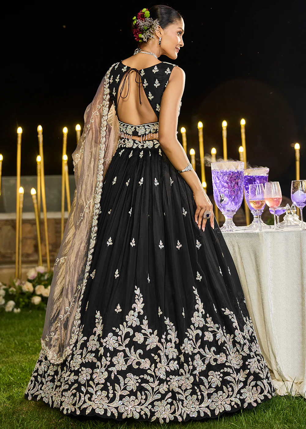 Satin Silk Black Beads & Threads Wedding Lehenga Choli - Image 3
