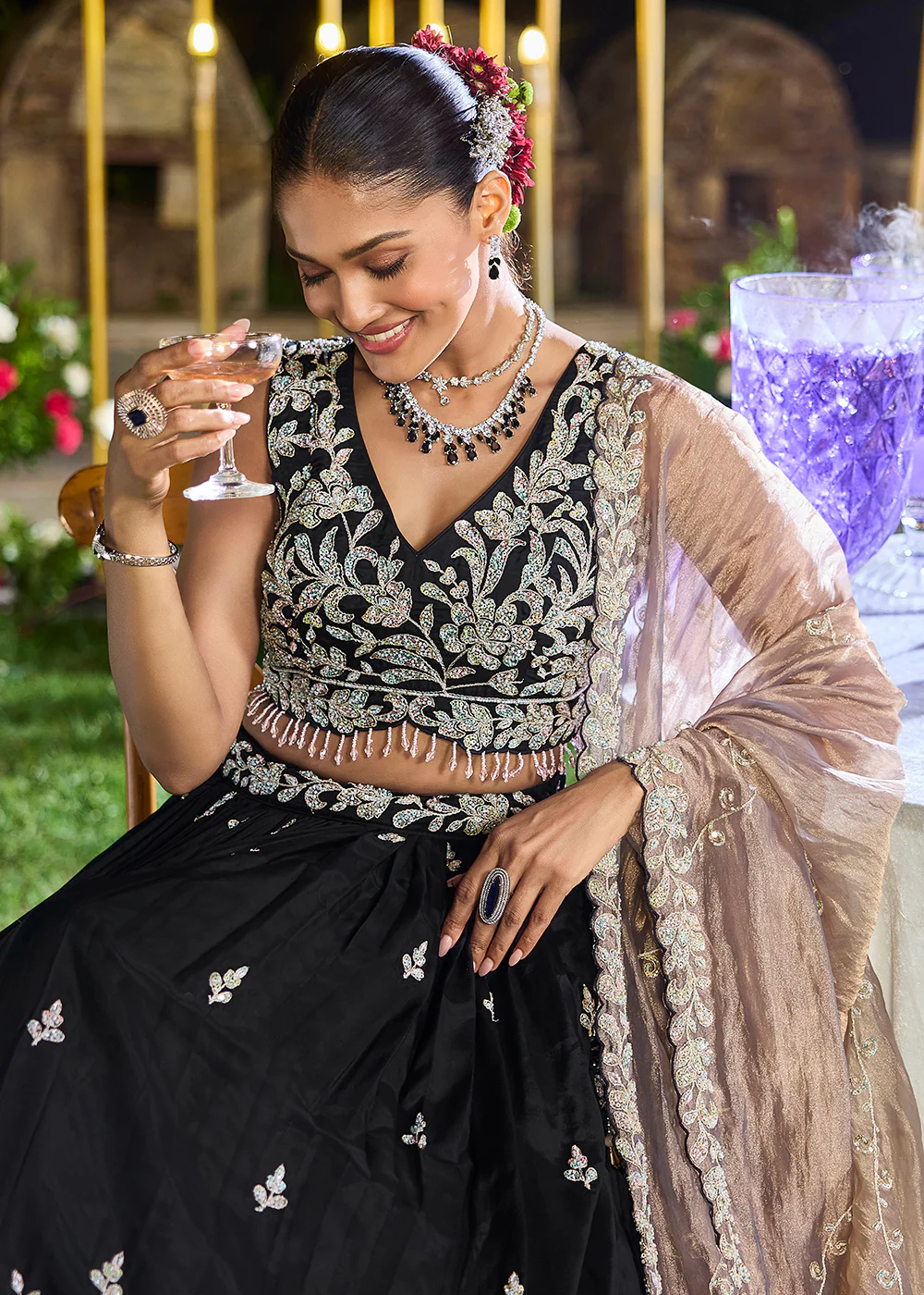 Satin Silk Black Beads & Threads Wedding Lehenga Choli - Image 5