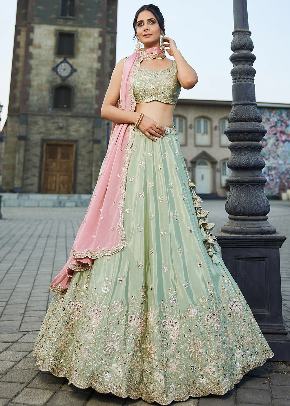 Satin Silk Embroidered Green Bridesmaids Lehenga Choli