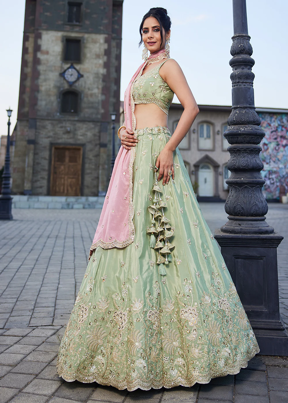 Satin Silk Embroidered Green Bridesmaids Lehenga Choli - Image 6