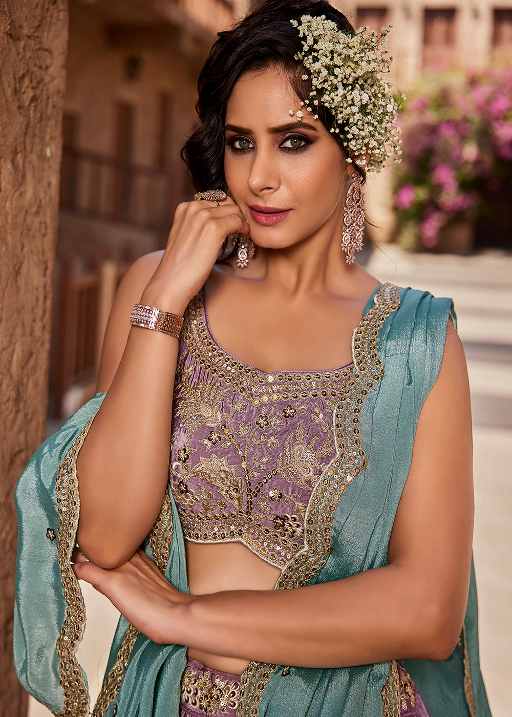 Satin Silk Embroidered Lavender Bridesmaids Lehenga Choli - Image 2