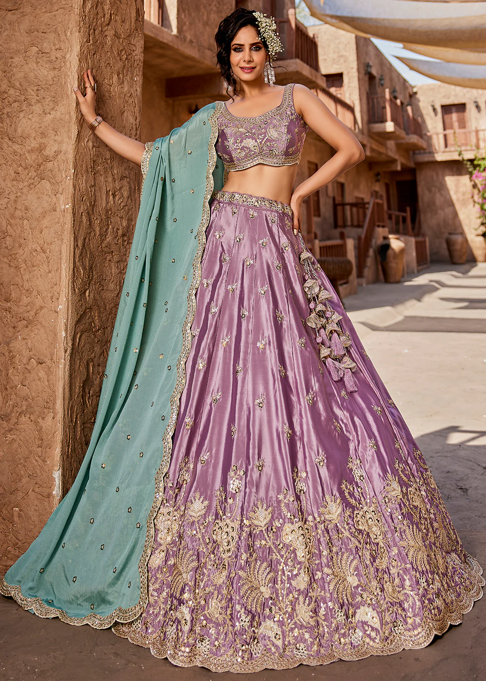 Satin Silk Embroidered Lavender Bridesmaids Lehenga Choli - Image 4