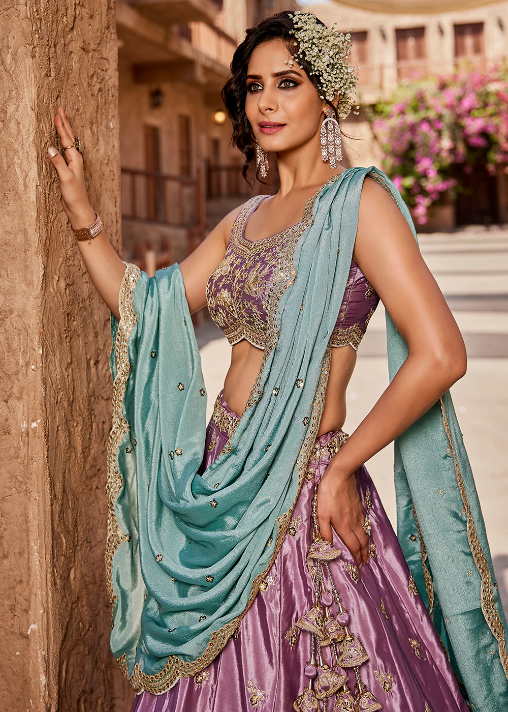 Satin Silk Embroidered Lavender Bridesmaids Lehenga Choli - Image 5