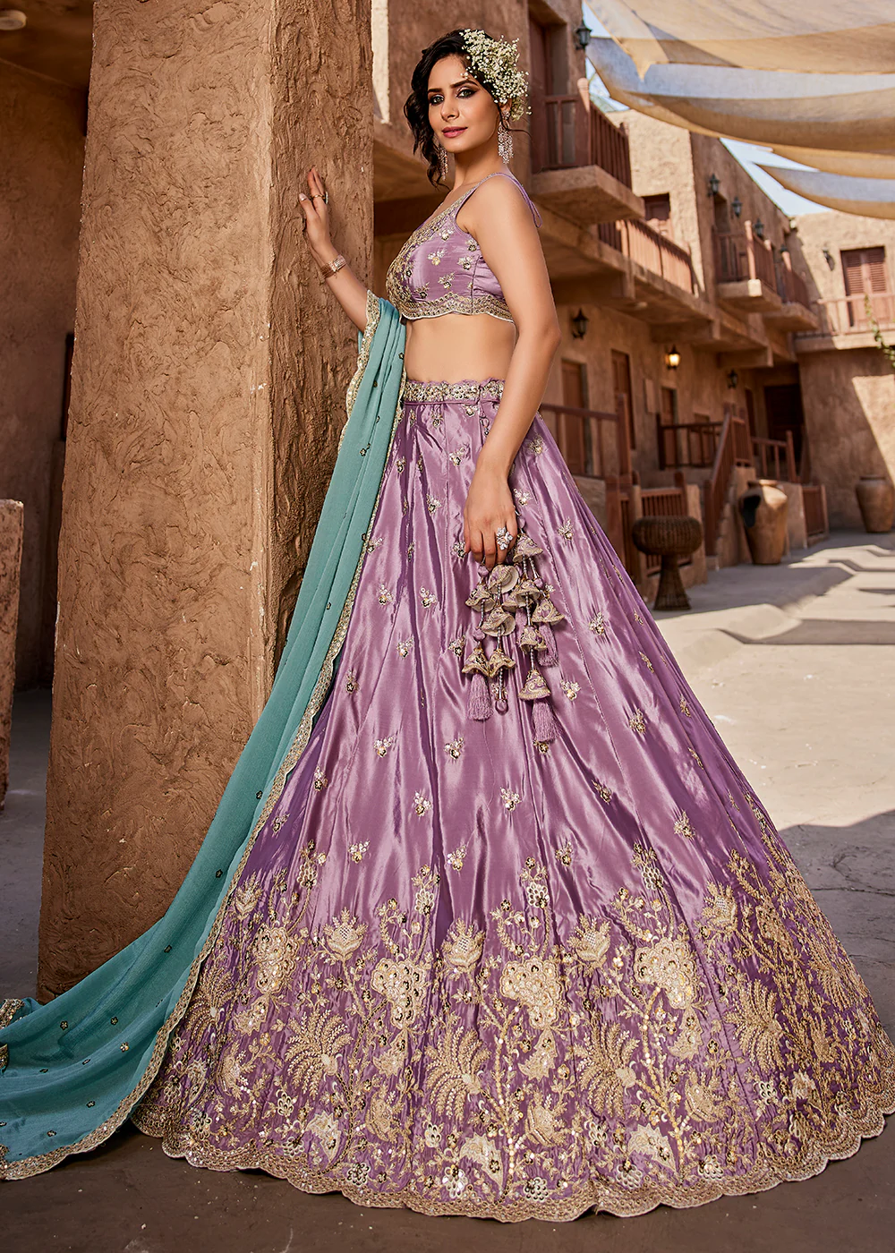 Satin Silk Embroidered Lavender Bridesmaids Lehenga Choli - Image 7