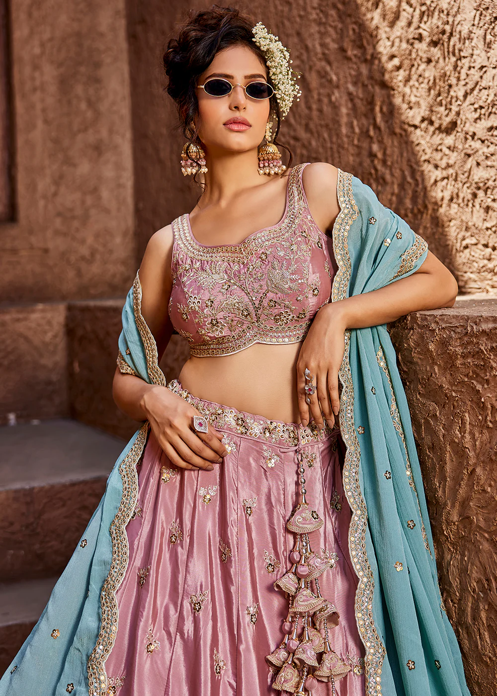 Satin Silk Embroidered Pink Bridesmaids Lehenga Choli - Image 2