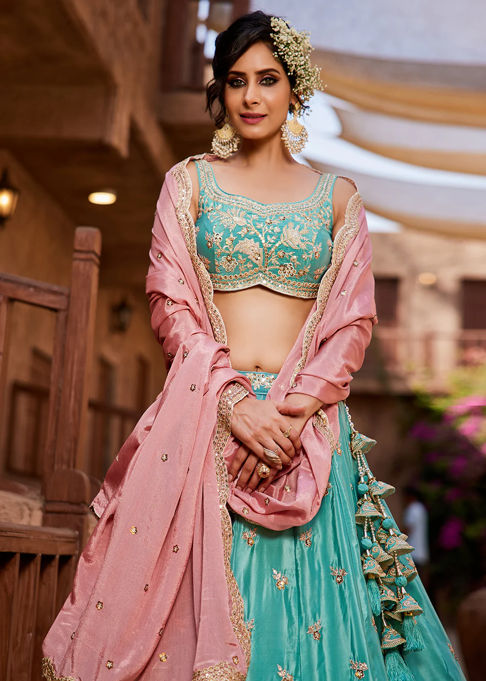 Satin Silk Embroidered Turquoise Bridesmaids Lehenga Choli - Image 2