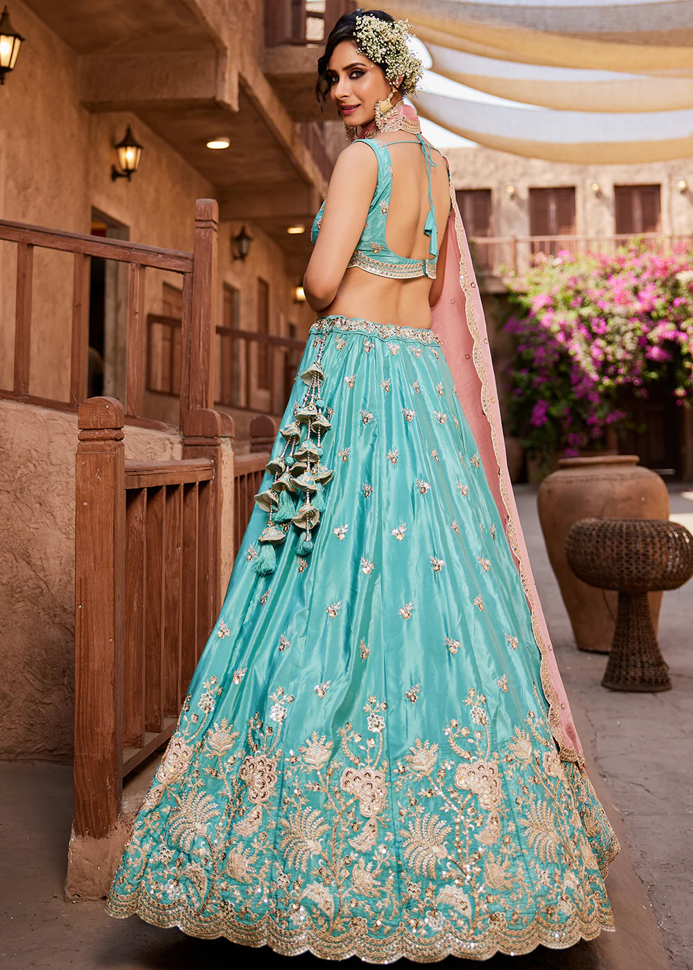 Satin Silk Embroidered Turquoise Bridesmaids Lehenga Choli - Image 3