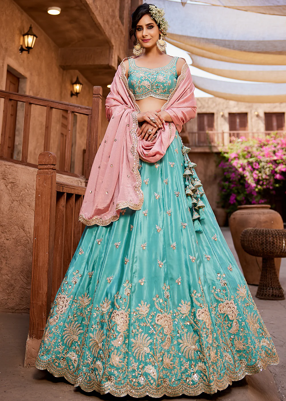 Satin Silk Embroidered Turquoise Bridesmaids Lehenga Choli - Image 4