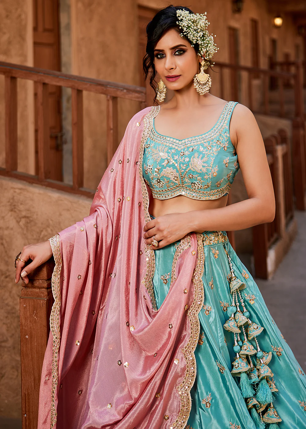 Satin Silk Embroidered Turquoise Bridesmaids Lehenga Choli - Image 5