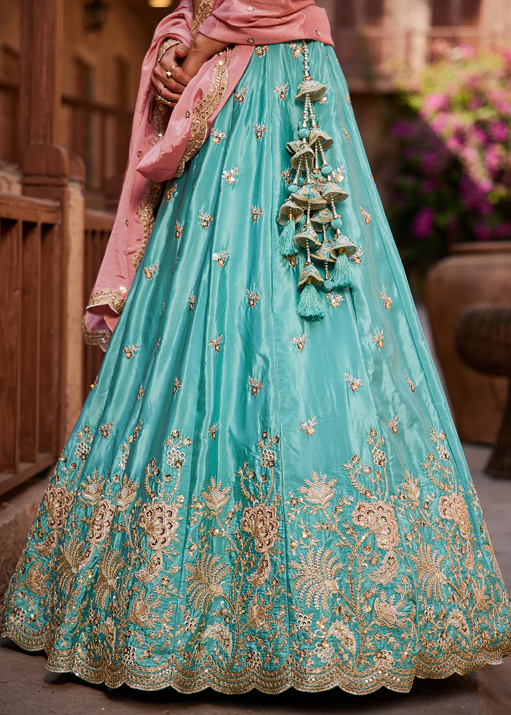 Satin Silk Embroidered Turquoise Bridesmaids Lehenga Choli - Image 7
