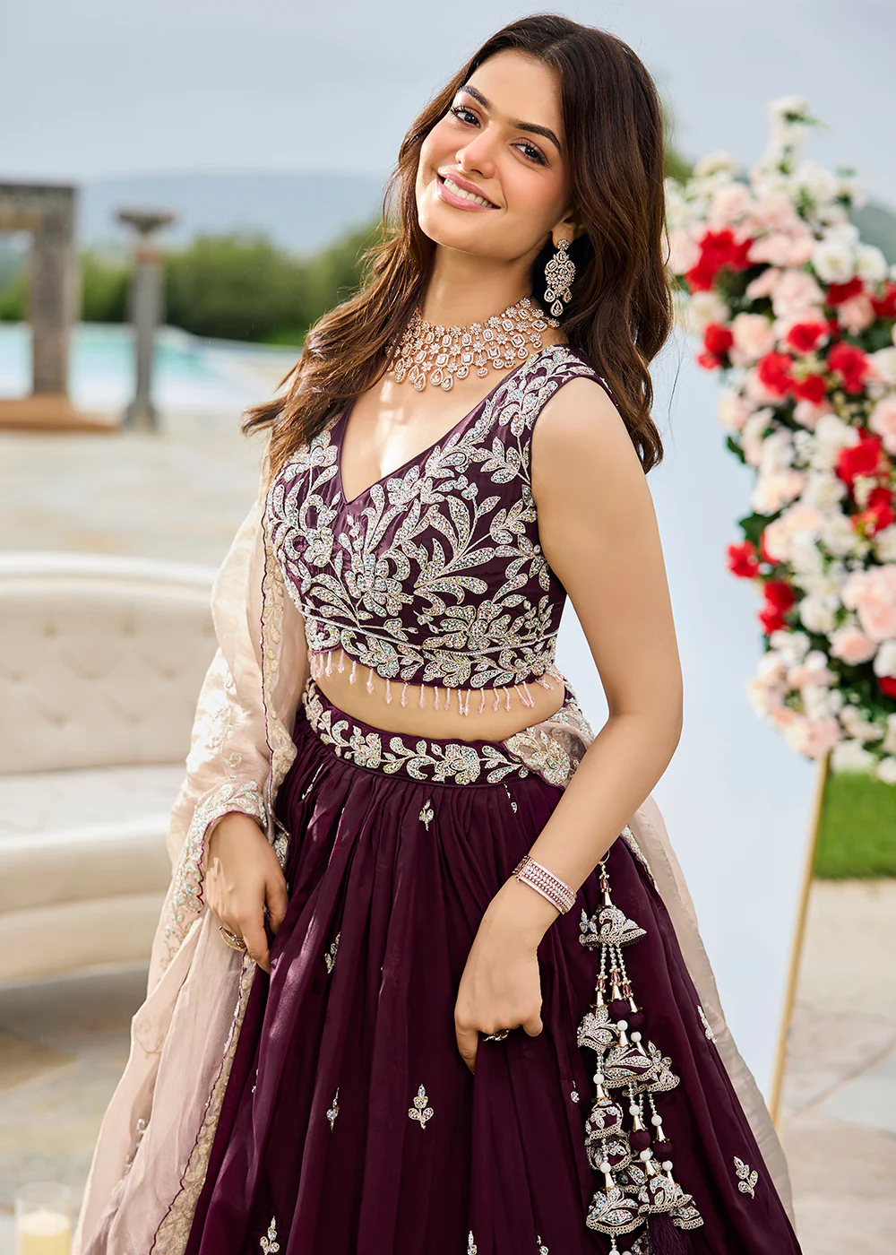 Satin Silk Wine Beads & Threads Wedding Lehenga Choli - Image 2