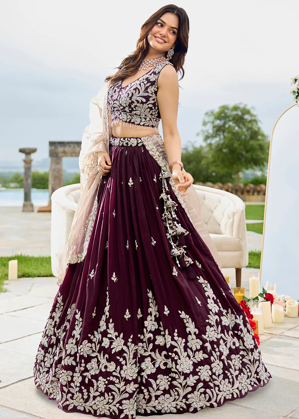 Satin Silk Wine Beads & Threads Wedding Lehenga Choli - Image 4