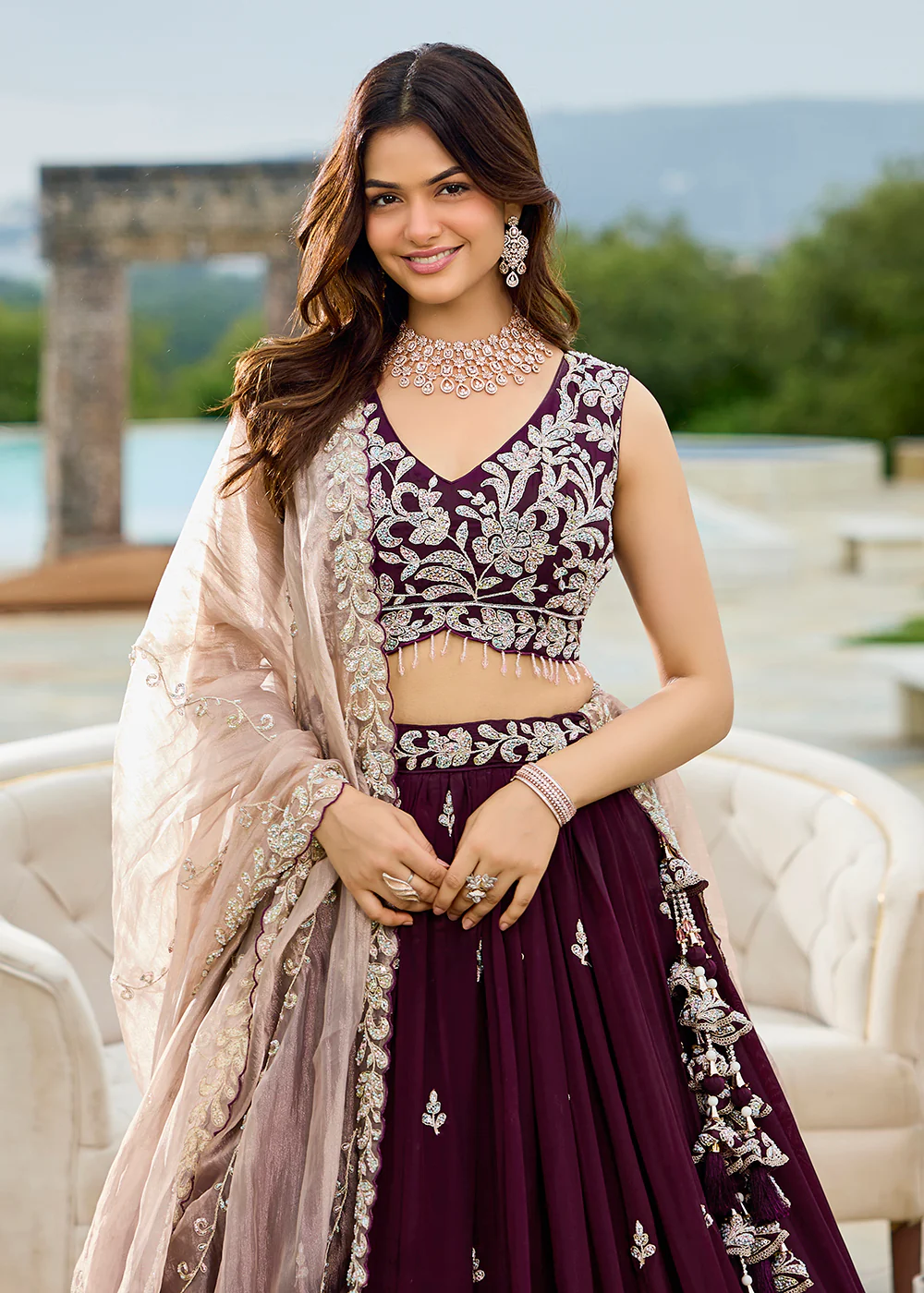 Satin Silk Wine Beads & Threads Wedding Lehenga Choli - Image 5
