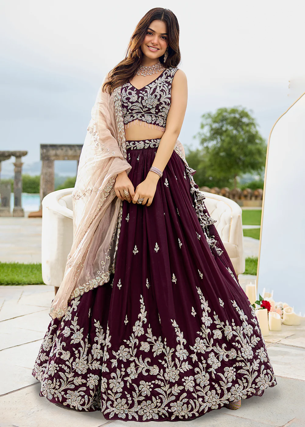 Satin Silk Wine Beads & Threads Wedding Lehenga Choli - Image 6
