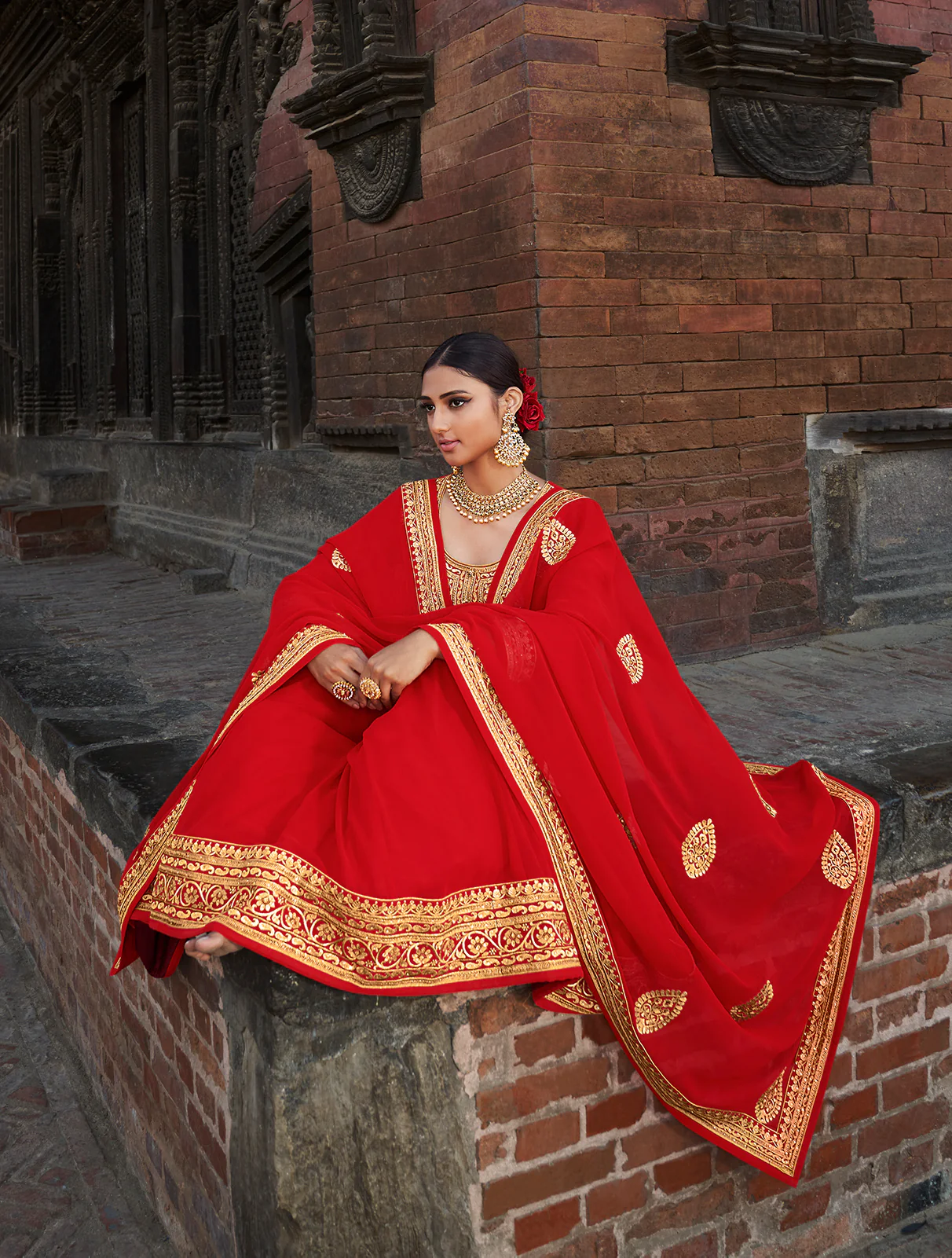 Scarlet Red Stone Embellished Floor Length Anarkali Suit - Image 4