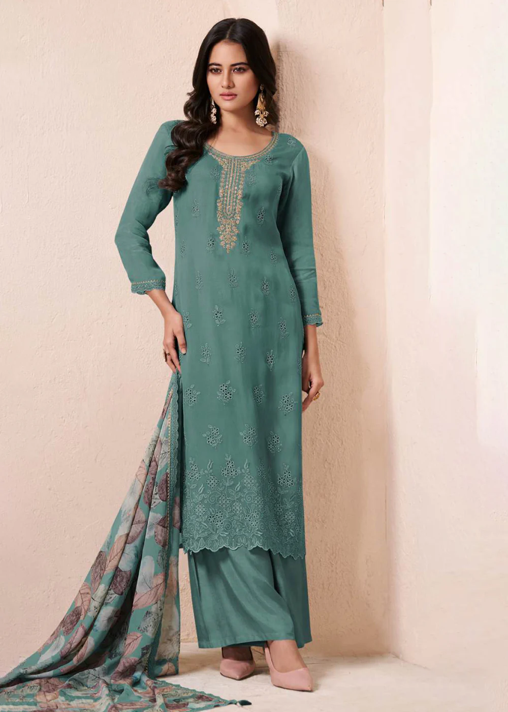 Schiffli Embroidered Green Organza Straight Kurta Suit