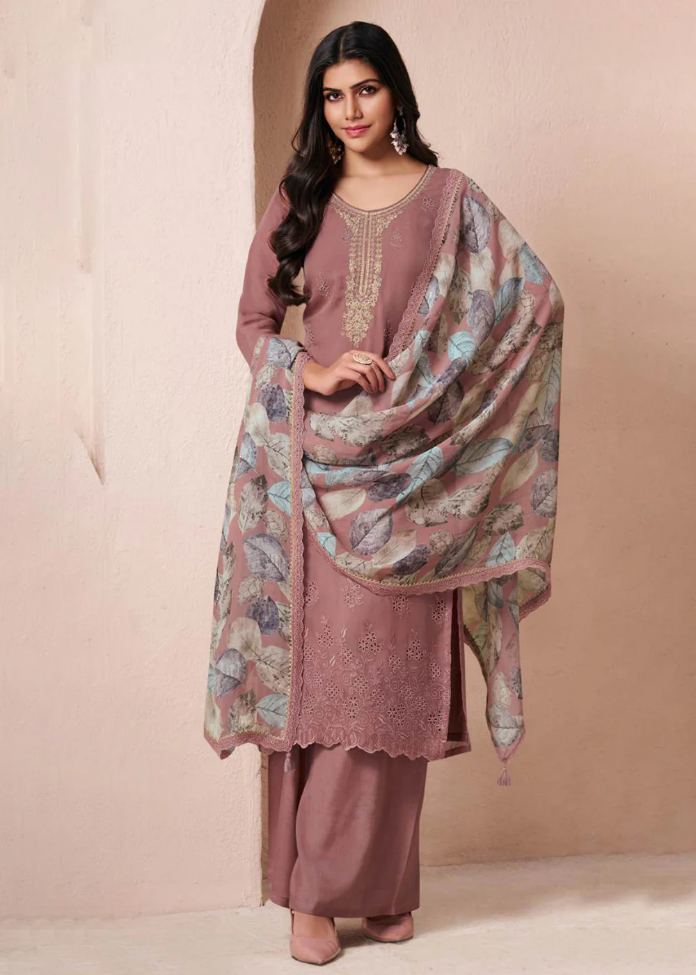 Schiffli Embroidered Peach Organza Straight Kurta Suit