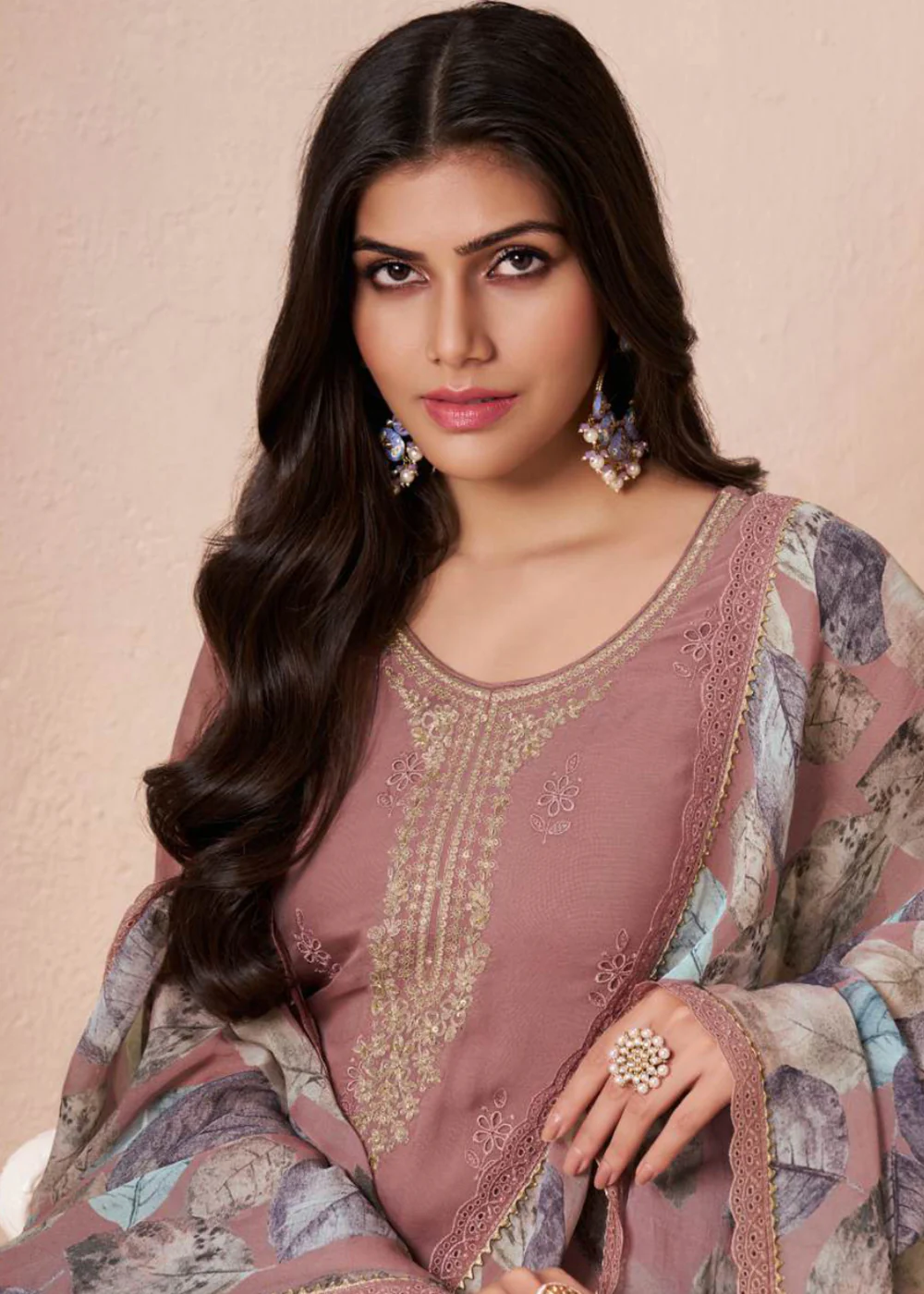 Schiffli Embroidered Peach Organza Straight Kurta Suit - Image 2