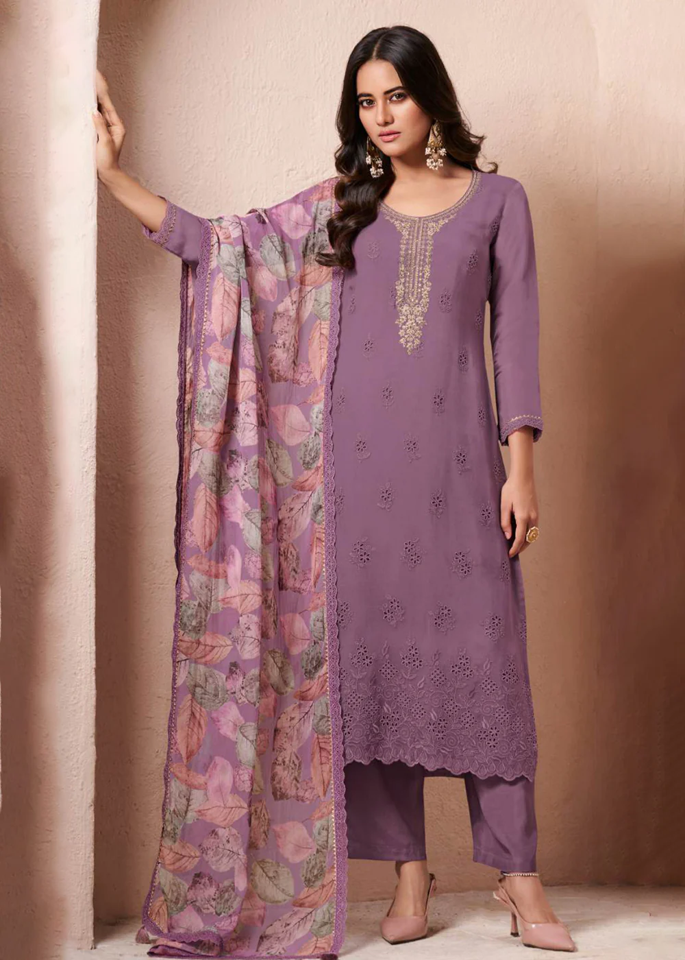 Schiffli Embroidered Purple Organza Straight Kurta Suit