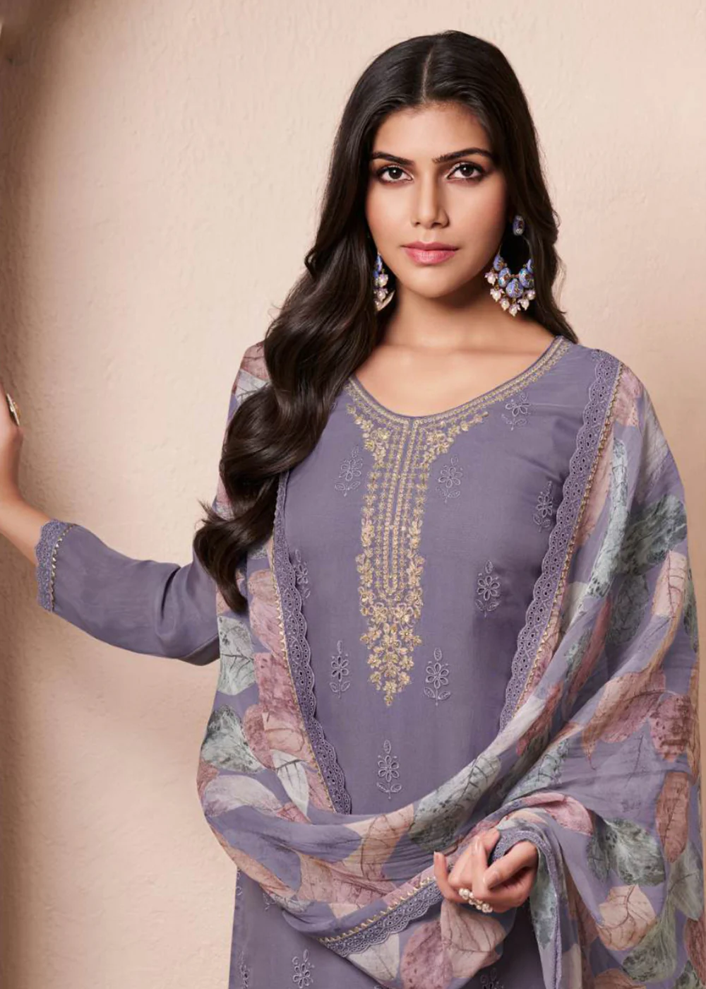 Schiffli Embroidered Violet Organza Straight Kurta Suit - Image 2