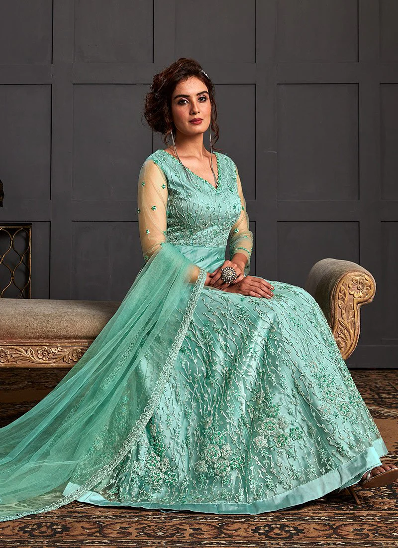 Sea Blue Embroidered Net Designer Anarkali Gown - Image 3