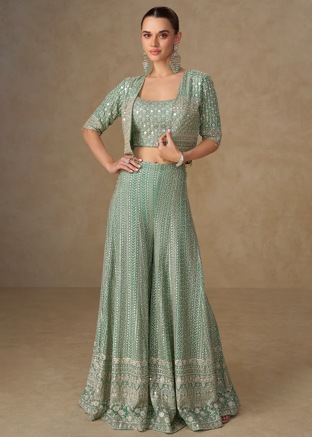 Sea Blue Crop Top Style Indo Western Palazzo Suit