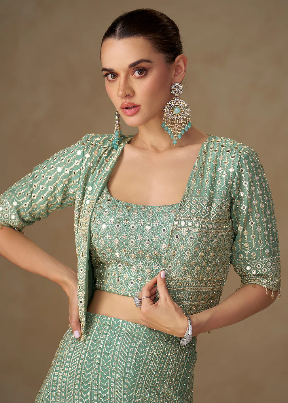 Sea Blue Crop Top Style Indo Western Palazzo Suit - Image 2