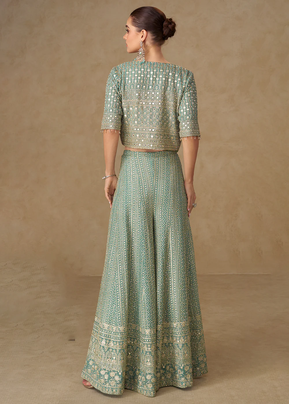 Sea Blue Crop Top Style Indo Western Palazzo Suit - Image 3