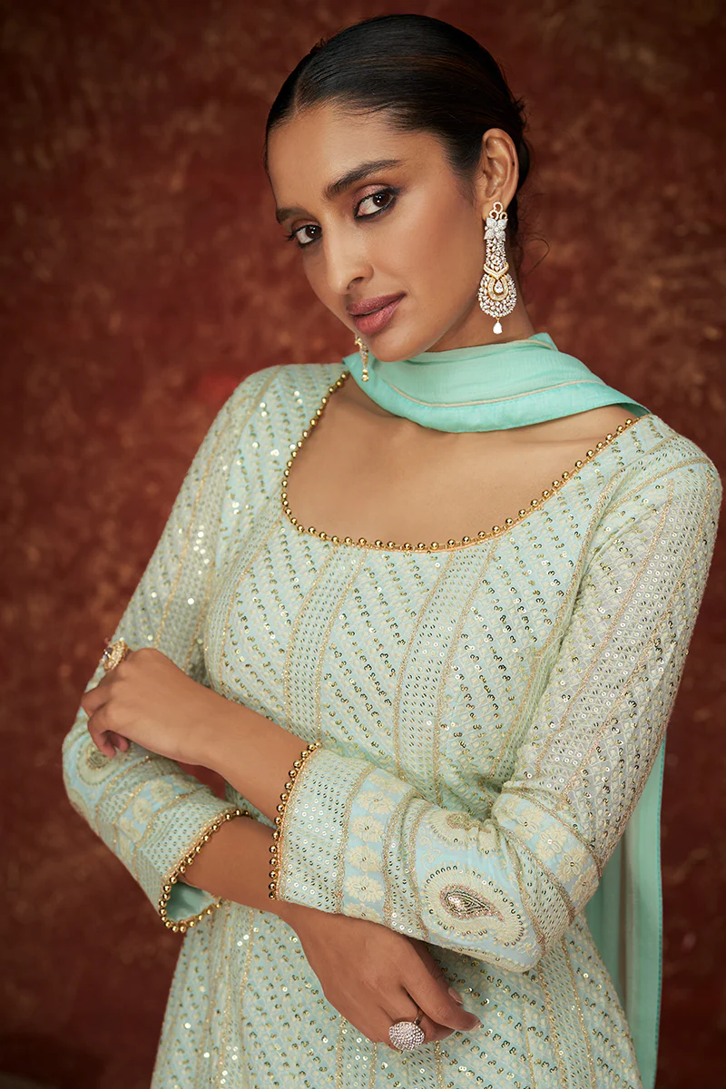 Sea Blue Georgette Long Embroidered Anarkali Suit - Image 2