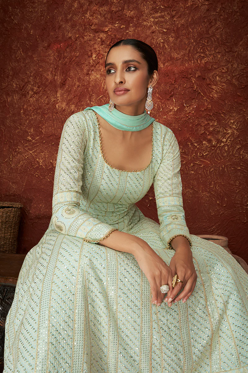 Sea Blue Georgette Long Embroidered Anarkali Suit - Image 3