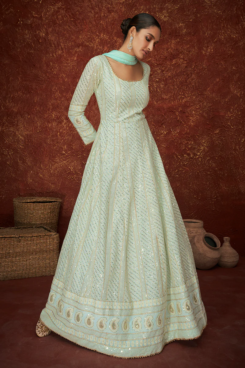 Sea Blue Georgette Long Embroidered Anarkali Suit - Image 4
