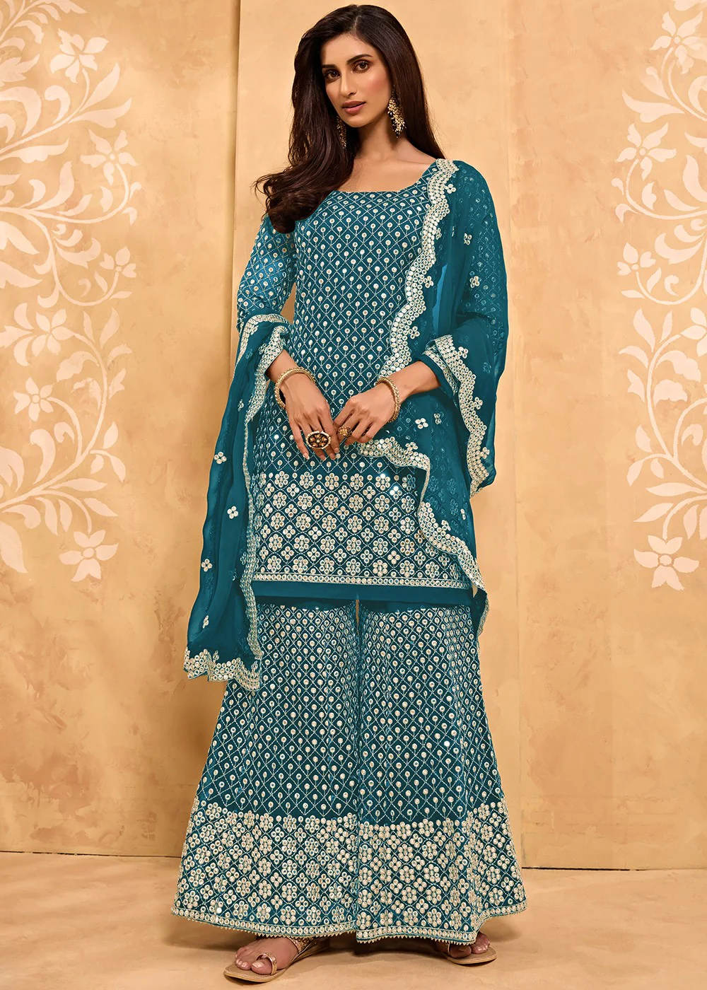 Sea Blue Party Style Designer Sharara Suit - Image 3