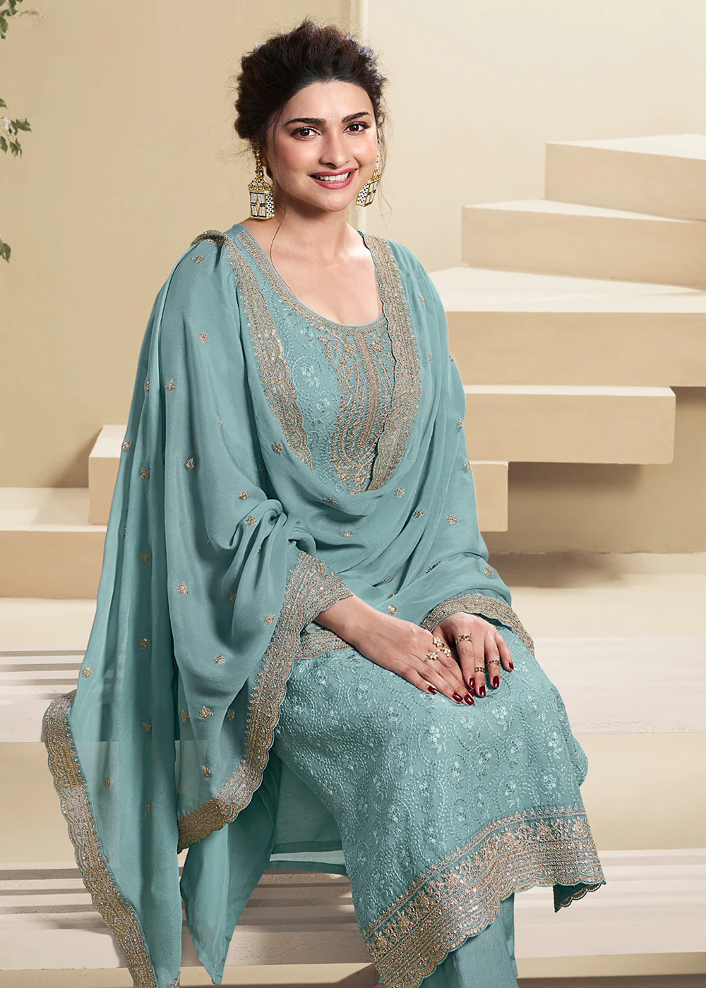Sea Blue Schiffli Embroidered Organza Salwar Suit - Image 2