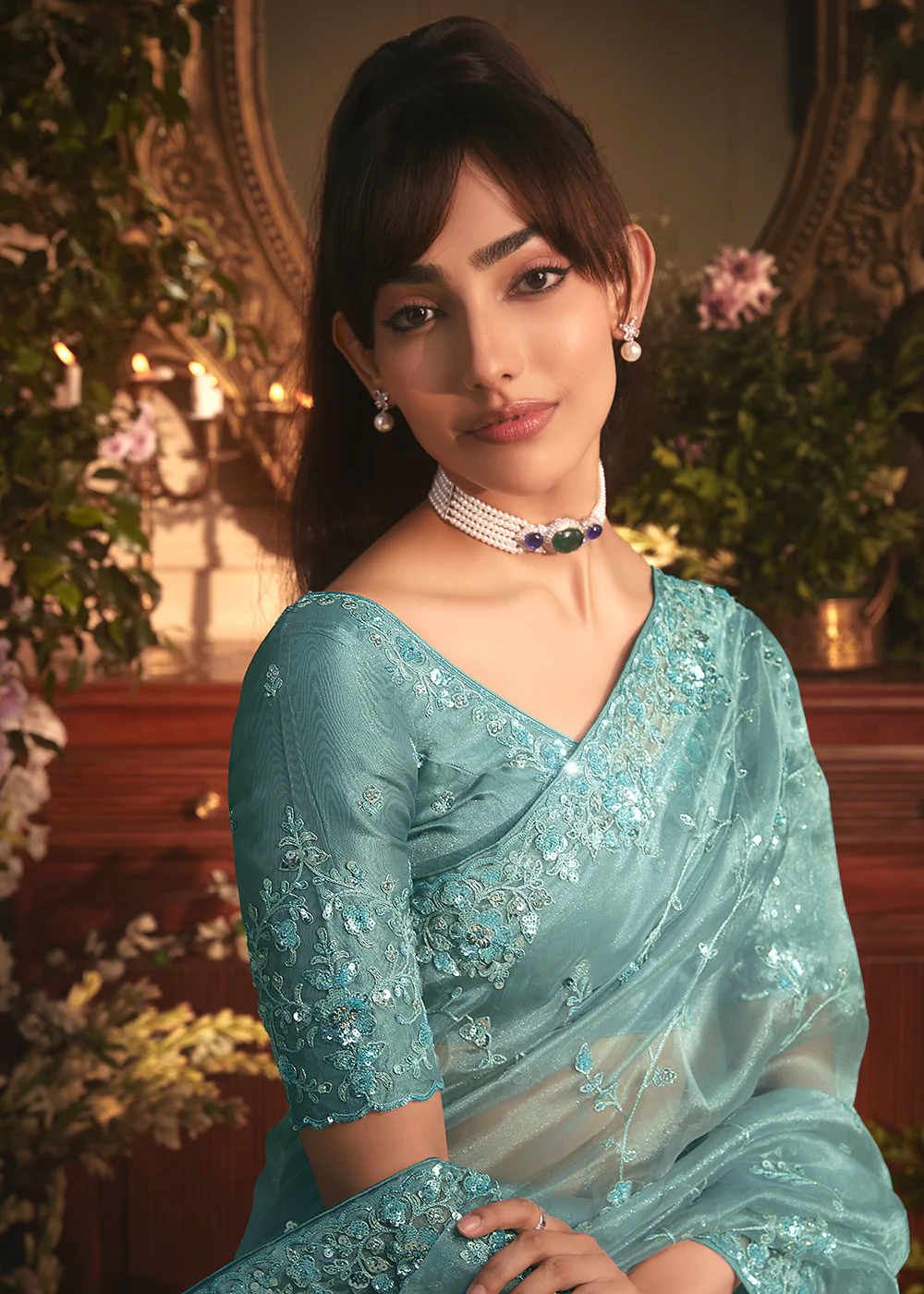 Sea Blue Tissue Organza Silk Embroidered Designer Saree - Image 2