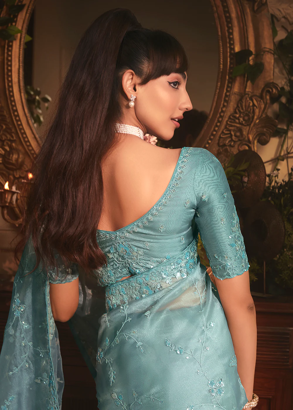 Sea Blue Tissue Organza Silk Embroidered Designer Saree - Image 3