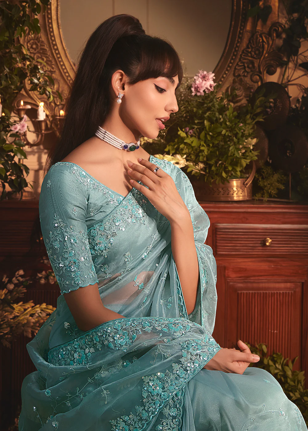Sea Blue Tissue Organza Silk Embroidered Designer Saree - Image 4