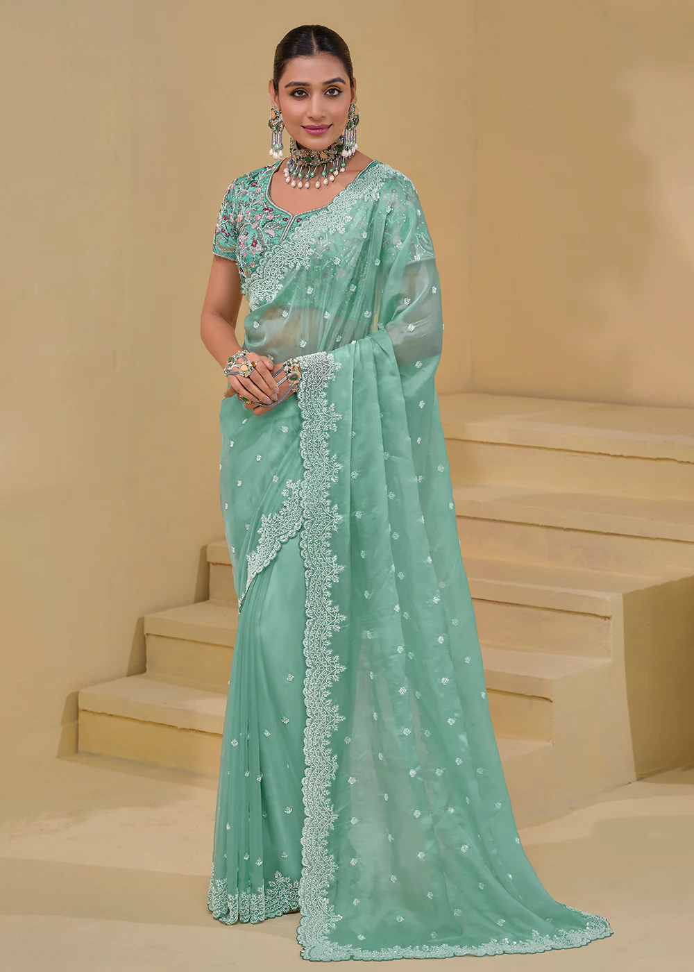 Sea Green Banarasi Silk Embroidered Designer Saree