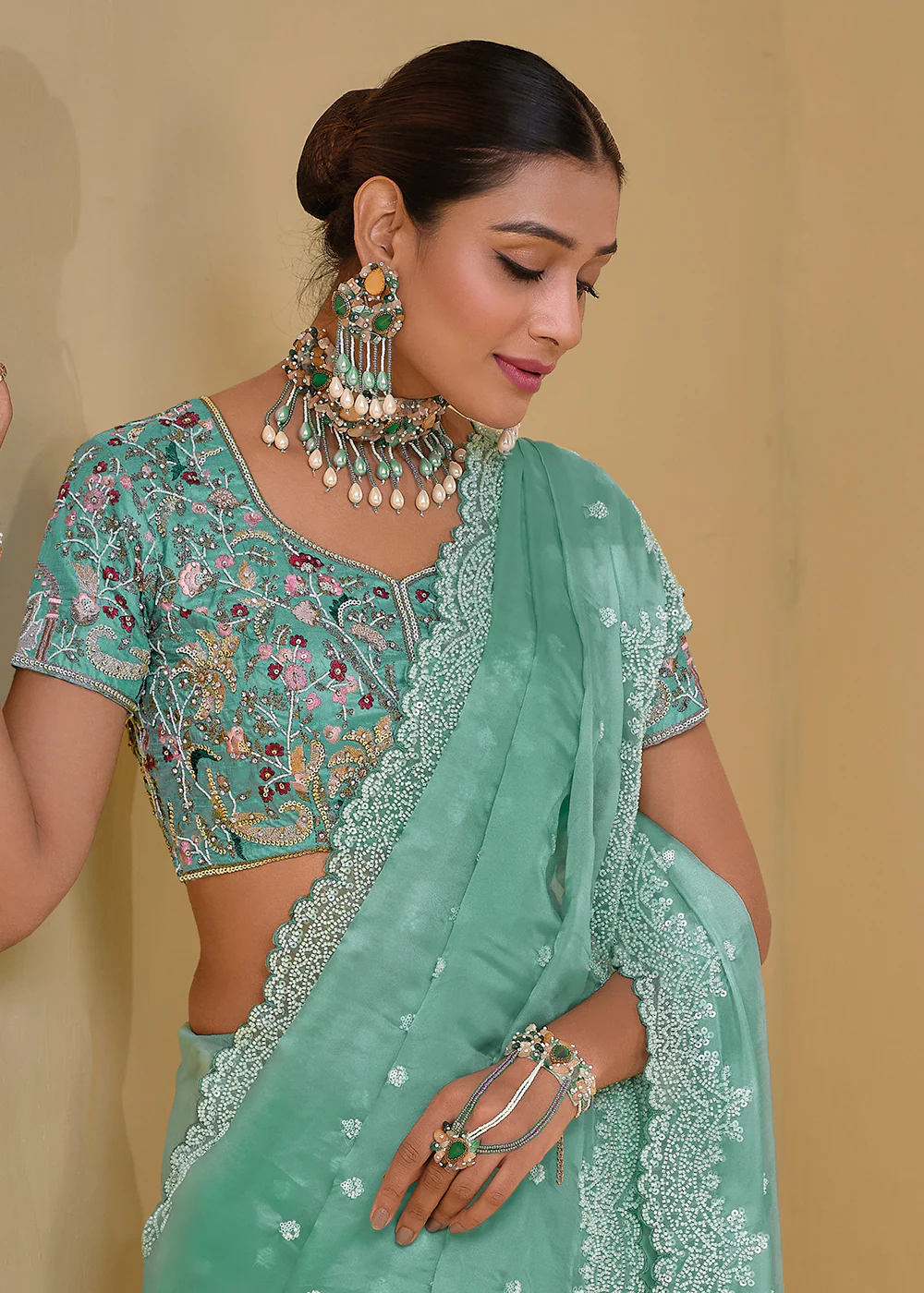 Sea Green Banarasi Silk Embroidered Designer Saree - Image 2