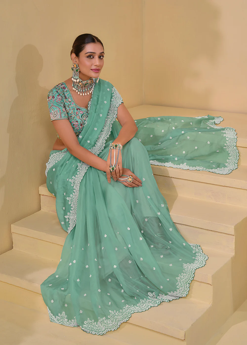 Sea Green Banarasi Silk Embroidered Designer Saree - Image 3