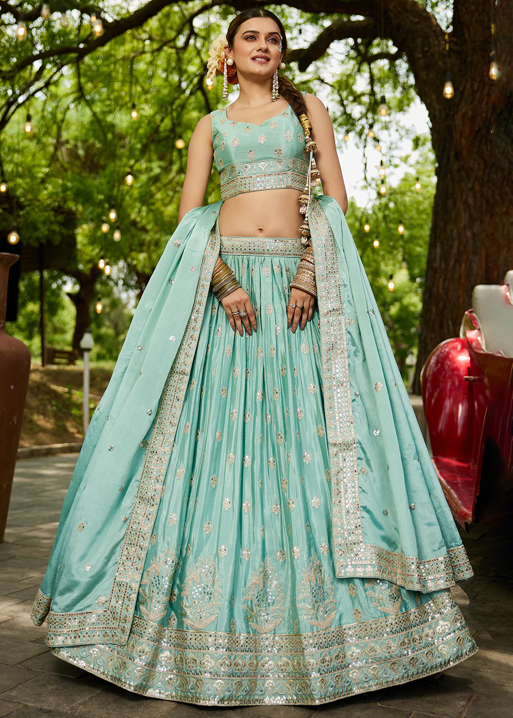 Sea Green Cording Embroidered Wedding Lehenga Choli