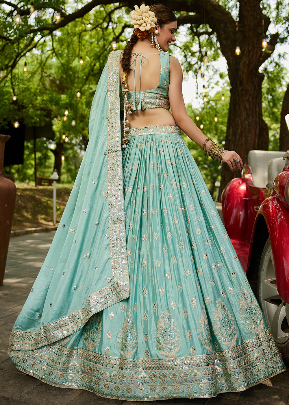 Sea Green Cording Embroidered Wedding Lehenga Choli - Image 3