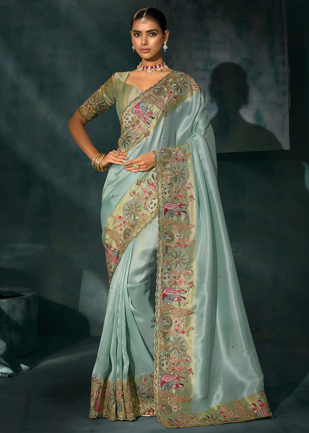 Sea Green Cut Dana & Mirror Work Designer Saree
