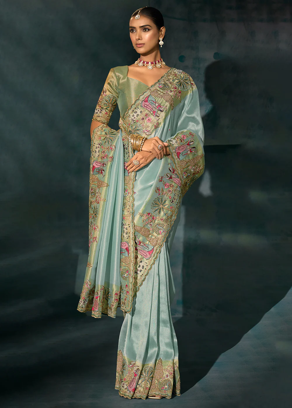 Sea Green Cut Dana & Mirror Work Designer Saree - Image 3